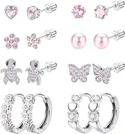 [Kakonia] 8 Pairs Hypoallergenic Screwback Earrings Studs for Girls Women 316L Stainless Steel Cute Heart Hoop Earrings CZ Butterfly Turtle Screw Back Stud Earrings Jewelry Set 20G