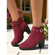Women's Burgundy Faux Suede Ankle Boots – Chunky Heel Fashion Booties with Studded Strap for Fall Outfits, Parties and Shopping