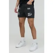 Mens Washed Black Slim Rigid Bandana Rip & Repair Paint Splatter Denim Shorts