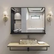 ANYHI Black Bathroom Wall Mirror with Shelf, 80x60 cm Metal Frame Rectangle Bathroom Mirror for Wall, Perfect for Living Room, Bedroom, Entryway, Horizontal