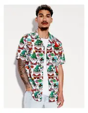 [Kenji] White Christmas Print Short Sleeve Rayon Shirt in White
