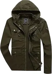 [HIJEWE] Men's Cotton Military Jackets Lightweight Canvas Lapel Cargo Coat Casual Outerwear with Detachable Hood