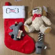 New 4pc Doggie Christmas Bundle Stocking with “Chloe” Name and Squeaky Dog Toys