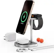 X85 3-Point Power Creative 3-in-1 Charging Station, Magnetic Wireless Charger Stand with Mini Basketball Hoop for iPhone 16/15/14/13/12 Pro Max, 5W Fast Charging for Apple Watch, AirPods - Grey
