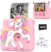 Careenoah Kids Camera Instant Print with Unicorn Cover, Creative Gifts for Girls Age 4-12 Birthday Christmas, 1080P Digital Camera Toy with 32GB SD Card - Pink, ABS-681