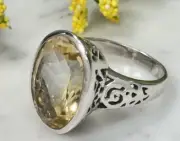 Vtg Sterling Silver925 Large Brilliant Cut Oval Citrine Scroll Band Ring Sz 8 EC