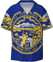 [VPPUR] Nebraska Flag Print Fashion Short Sleeve Button Down Cuban Collar Shirt Left Chest Convenient Pocket