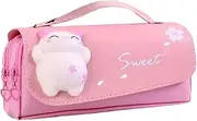 YQkangzhu Large Capacity Pencil Case, Cute Pencil Pouch with 3 Compartment, Cartoon 3D Extrusion Cat Decoration Pencil Case, Portable Pencil Bag, Pen Storage Box for Office College School Stationery