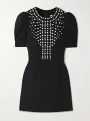 [Rebecca Vallance] Rebecca Vallance - Faux Pearl-embellished Crepe Mini Dress - Black - UK 14 UK 14 Black