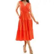 Nina Leonard Tiered Smocked Midi Dress Orange Womens Size Small Sleeveless Flowy