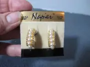 Vtg Napier Faux Seeded Pearl Hoop Earrings w 14K Posts NEW