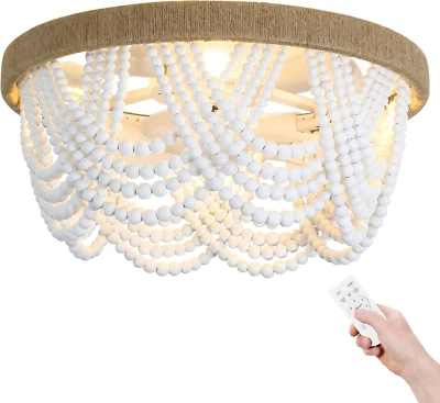 Boho Ceiling Fan with Light and Remote, 20‘’ Wood Beads Flush Mount Ceiling Fans