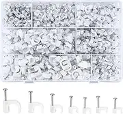 700 Pcs Cable Clips with Steel Nails, Cable Wire Cord Management Clips, White Ethernet Cable/Coax Cable/Cable Cord Holder Staples Clips with Tacks Nails for Wall, 4mm 5mm 6mm 8mm 10mm