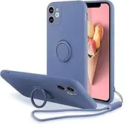 UEEBAI Case for iPhone 11 (6.1 inch), Slim Liquid Silicone Phone Case with 360 Rotatable Ring Holder Kickstand Fashion Hand Strap Magnetic Car Mount Shockproof TPU Bumper Cover - Grey Blue