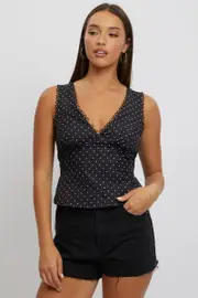 Black Polka Dot Top Sleeveless V-Neck - Size 12M, Women's Crop Top