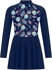 [Yruioon] Big Girls Floral Long Sleeve Zip Back Swimdress Beach Sun Cover Up Shirts Swimsuits