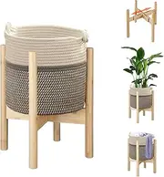 ZYWEICH Flower Pot Rattan Plant Stand Planter with Stand, Tall Indoor Boho Woven Wicker Storage Basket with Adjustable Wood Shelf (White & Grey)
