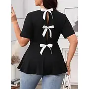 Women's Plus Size Tops T Shirt Plain Bow Short Sleeve V Neck Elegant Casual Daily Polyester Summer Spring Black