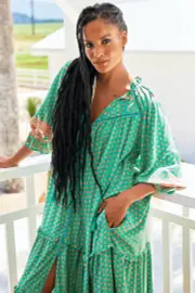 JAASE - Briana Midi Dress: Frill Collar Oversized Buttoned Dress with Waist Tie and Frill Splicing in Jade Print