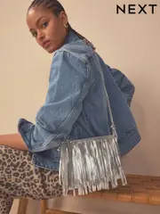 Silver Leather Fringe Cross-Body Bag (331093) | $71