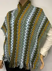 MISSONI Wave ZigZag Wool Fringe Scarf in Multi Green 35x165cm 3350 0001 NEW
