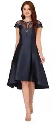 ADRIANNA PAPELL DRESS/NAVY /NEW/SIZE 8/RETAIL$189/LENGTH 39”/MIKADO/HIGH LOW
