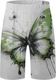 [Generic] Men's Thin Casual Shorts Colorful Flying Butterflies Printed Shorts Set Loose Straight Elastic Waist Belt Mens Quarter Pants