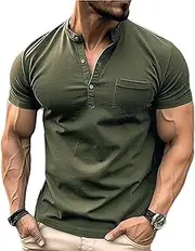 [HanZhuoAu] Men's Retro Henry Collar Shirt Outdoor Combat Training Tshirt Summer New Stand Collar Short Sleeve Tshirt