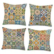 Set of 4 Cotton Linen Throw Pillow Covers 18X18 Inch Mexican Tiles Couch
