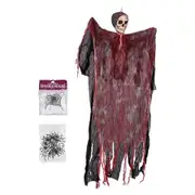 Halloween Haunted Hanging Ghost Decor Skull with Tattered Gauze Plus Spider Webbing and Plastic Spiders Bonus