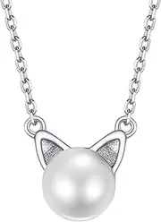 [PROSILVER] S925 Sterling Silver Freshwater Pearl Necklace for Women Girls, Cute Cat Pendant Jewellery, Come with Gift Box