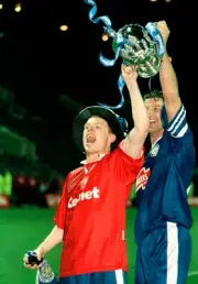 Neil Lennon Steve Walsh of Leicester City celebrate with the troph- Old Photo