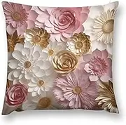 Throw Pillow Covers, Decorative Throw Pillow Covers, Plush Cushion Case, Farmhouse Modern Boho Pink White Gold Flowers Pillow Covers for Couch Sofa Living Room Home Decor 16 "x16