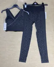 Biba Active Bra & Leggings Gym Set Womens UK 10 Black & Grey Leopard New