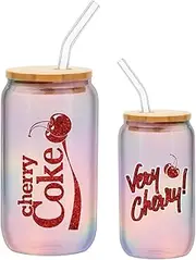 Silver Buffalo Coca Cola Cherry Coke Very Cherry Glitter Iridescent Glass Tumbler with Bamboo Lid & Plastic Straw-16oz
