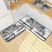 Tree Sunrise Black White Kitchen Mats for Floor, 2 Piece, Funny Cute Washable Non-Slip Kitchen Rugs Set for Home & Office, Sink, Laundry, 19.7” x 27.6” + 19.7” + 47.2”