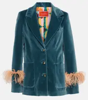 [La DoubleJ] La DoubleJ Feather-trimmed cotton velvet blazer UK 6 blue