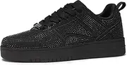 [LUCKY STEP] Women Fashion Sparkle Rhinestone Sneakers White Leather Low Top Tennis Shoes Lace Up Casual Comfortable Walking Shoe