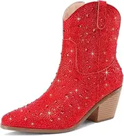 [RONILURN] Women Cowboy Boots Cowgirl Rhinestone Mid Calf Western Boots Sparkly Glitter Boots Bling Pointed Toe Chunky Heel Pull On