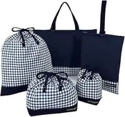 [COLORFUL CANDY STYLE] N8171600 5-Piece Set, Reversible (Lesson Bag Q, Shoe Case Q, Gymnastics Clothing Bag, Lunch Bag, Cup Bag), Canvas, Navy Blue, Large Checker, Navy Blue