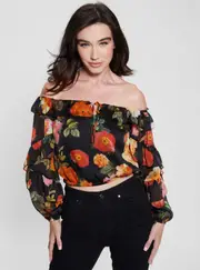 GUESS Women's Black Floral Shani Ruffle Top Size: XS, Polyester