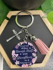 3.5” Scripture Pendant Purse Rhinestone Cross Charm Keychain I Can Do All B3614