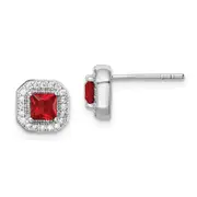 Sterling Silver Rhodium Plated Square Red Cz And Clear Post Earrings