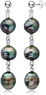 [DENGGUANG] Tahitian Black Baroque Pearl Dangle Drop Earrings for Women 18K Gold Plated 925 Sterling Silver Earrings– Birthday Anniversary Jewelry Gifts for Women (8-9mm)