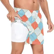 [GuoChe] Mens Swimming Shorts Men Double Layer Workout Running Shorts Moroccan Plaid Blue Orange with Compression Liner Sport