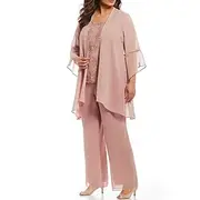 Two Piece Jumpsuit / Pantsuit Mother of the Bride Formal Wedding Guest Church Elegant Plus Size Jewel Neck Floor Length Chiffon Lace 3/4 Length Sleeve with Ap