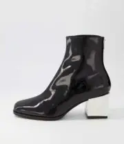 New Django & Juliette Waroni Black Ivory Patent Leather Ankle Boots Womens Sh...