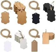 HIDOSNG 400 Pieces Blank Gift Tags with String,Double-Sided Kraft Paper Blank Favor Tags,3 Color Waved Craft Hang Tags and Brown Rectangle Kraft Paper Gift Tags for Gift Wrapping, Birthday, Party