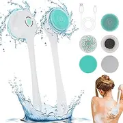 LINGSFIRE Electric Body Bath Brush, Rechargeable Back Brush Long Handle for Shower with 5 Spin Facial Head Waterproof Silicone Scrubber Exfoliating Deep Cleansing Women Men White