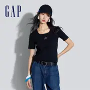 Gap 女裝 Logo方領短袖T恤 短版上衣-黑色(890006)